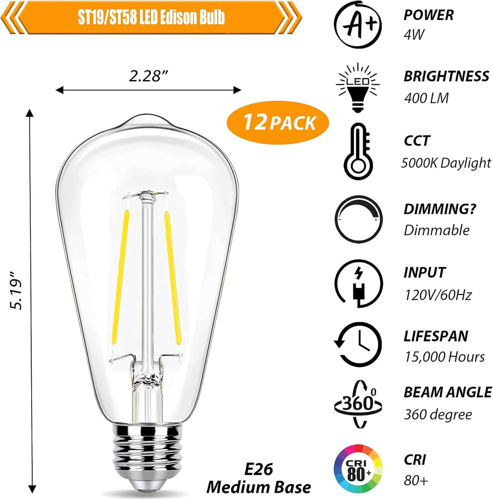 12 Pack Dimmable LED Edison Bulb 40W Equivalent, 5000K Daylight