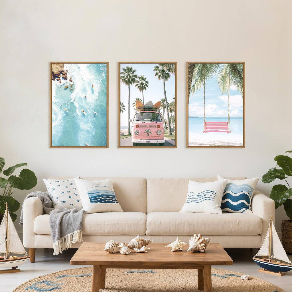 Large Summer Beach Surfing Scene Framed Canvas Wall Art Set, Coastal Pink Van and Surfboards Wall Decor, Trendy Beach