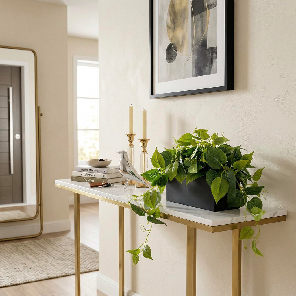Vibrant Lifelike Artificial Plant Pothos Leafy Vine Greenery in Black Concrete Rectangular Planter Box