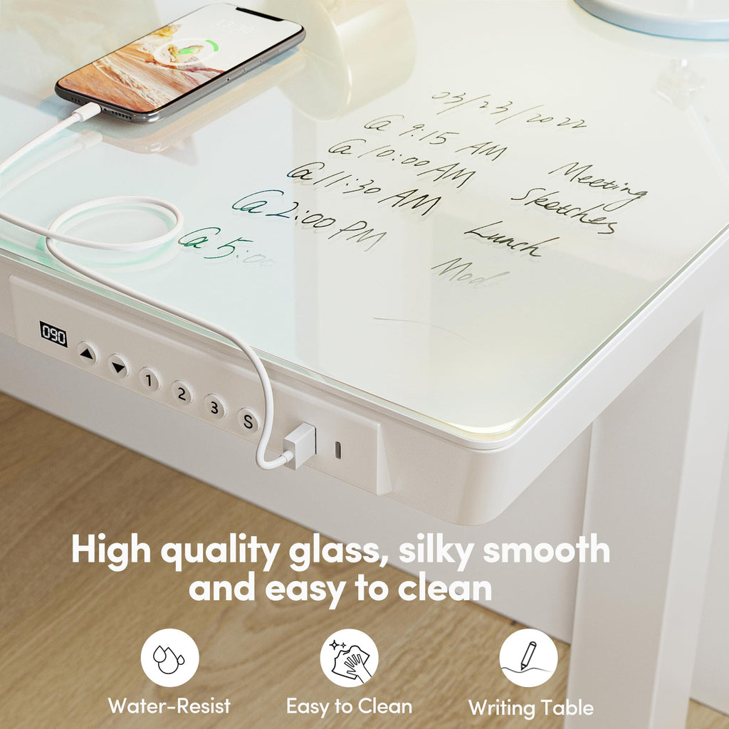 48 Inch One-Piece Standing Desk with Glass Top and Drawer, White