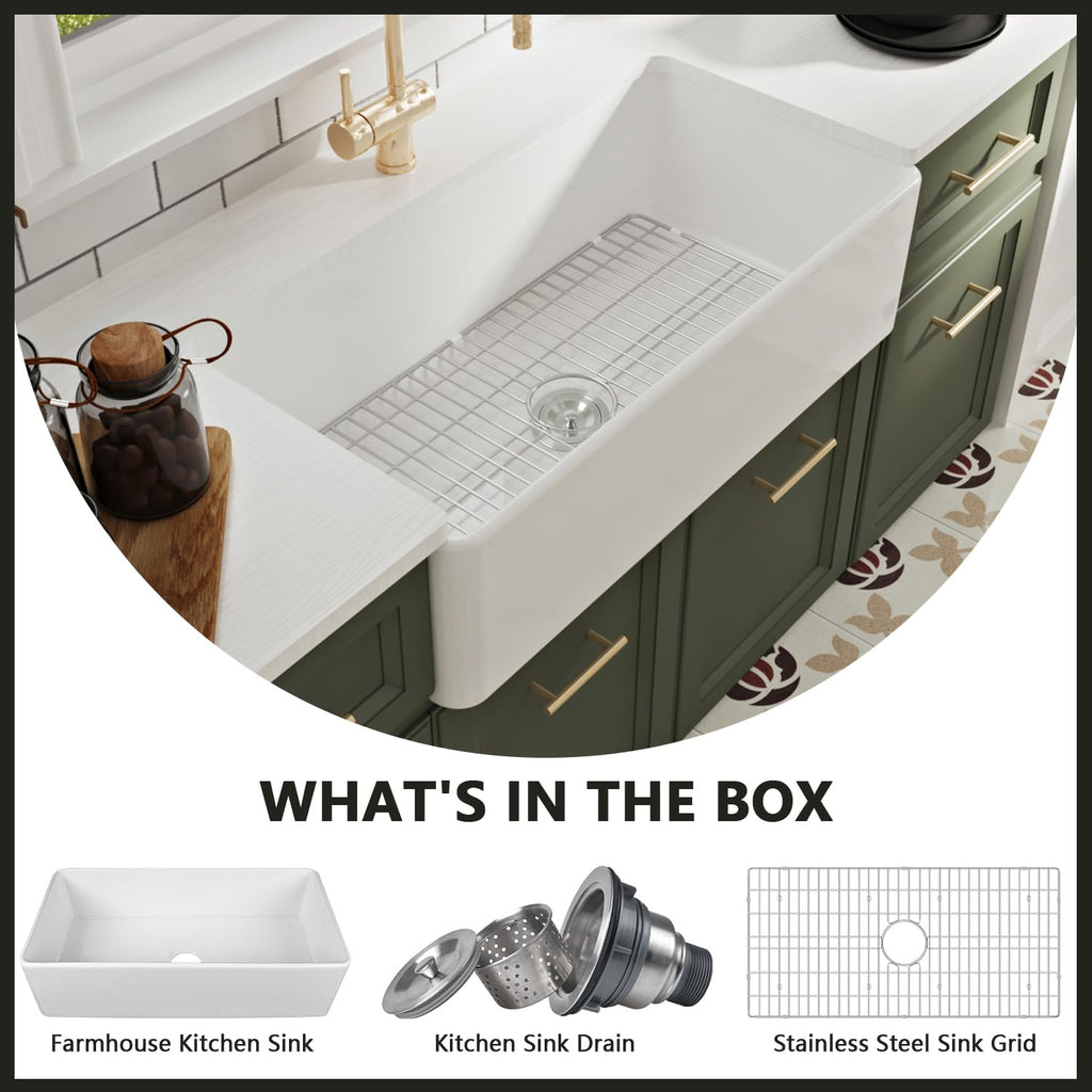 White Kitchen Sink 36 Inch, Fireclay Farmhouse Sink, Apron Front Single Bowl Deep Drop-in Farm Sinks with Grid &