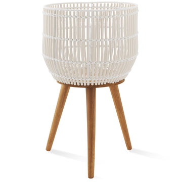 Indoor Planter with Stand, White Floor Planter with Wood Legs, Large Plant Pot Cover with Liner plants, Flower Pots