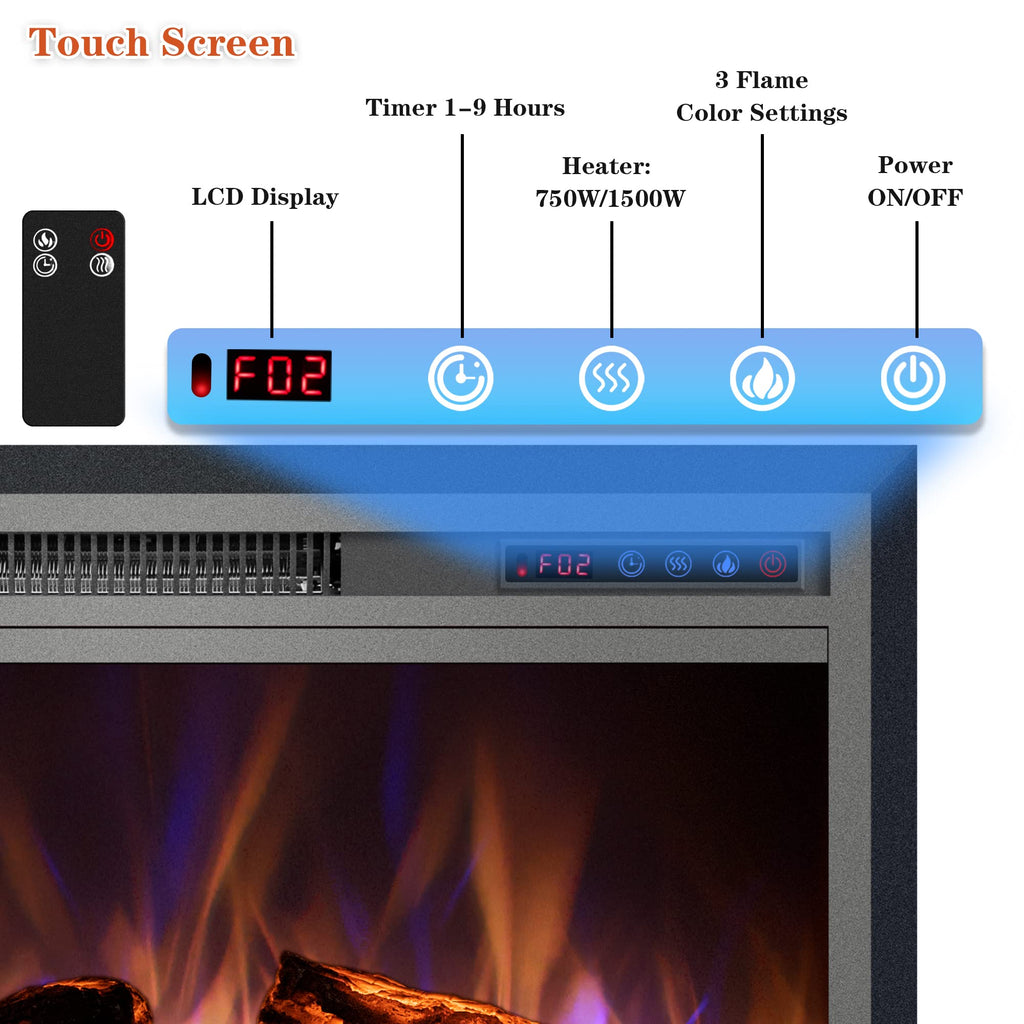 Electric Fireplace Insert with Metal Trim Kit, Overall Installed Size 40" W x 30" H, Fireplace Heater with Adjustable