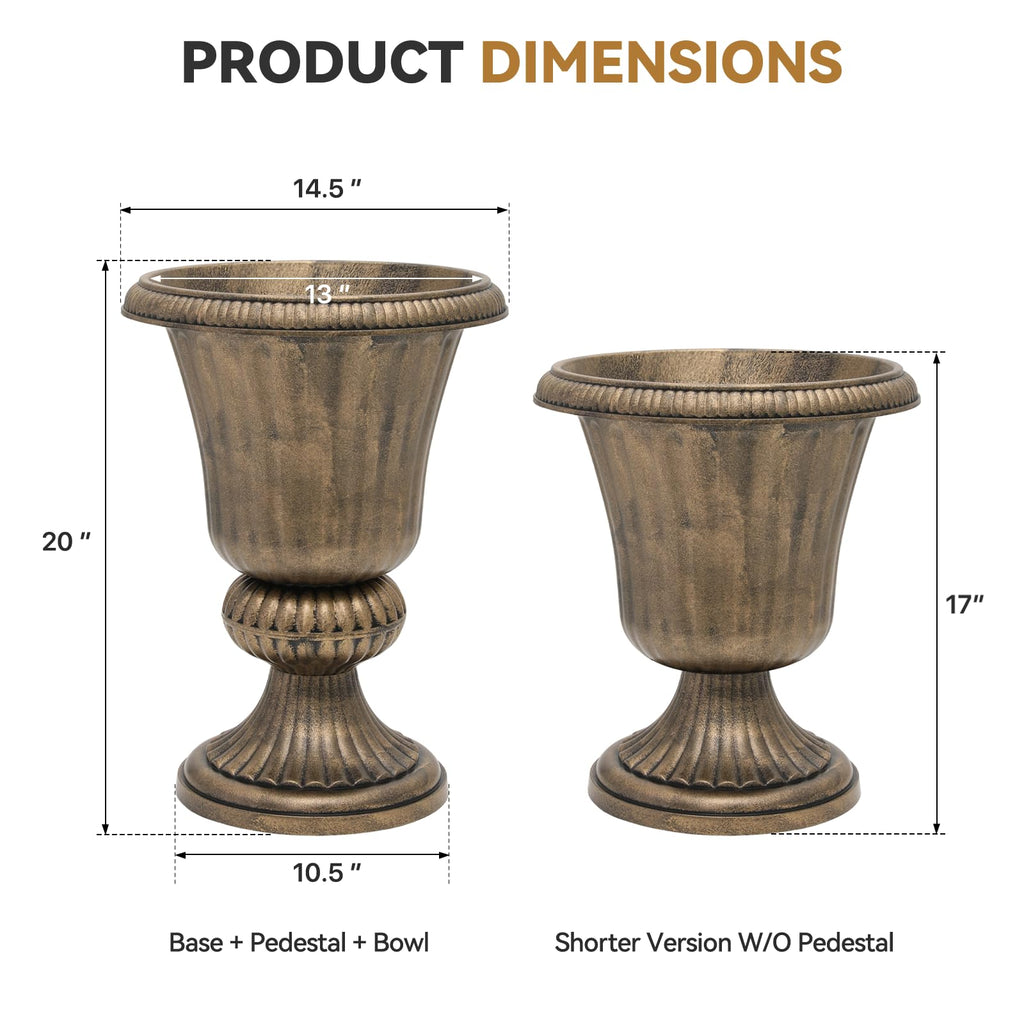 20 Inch Urn Planter for Outdoor Plants, Set of 2, Bronze