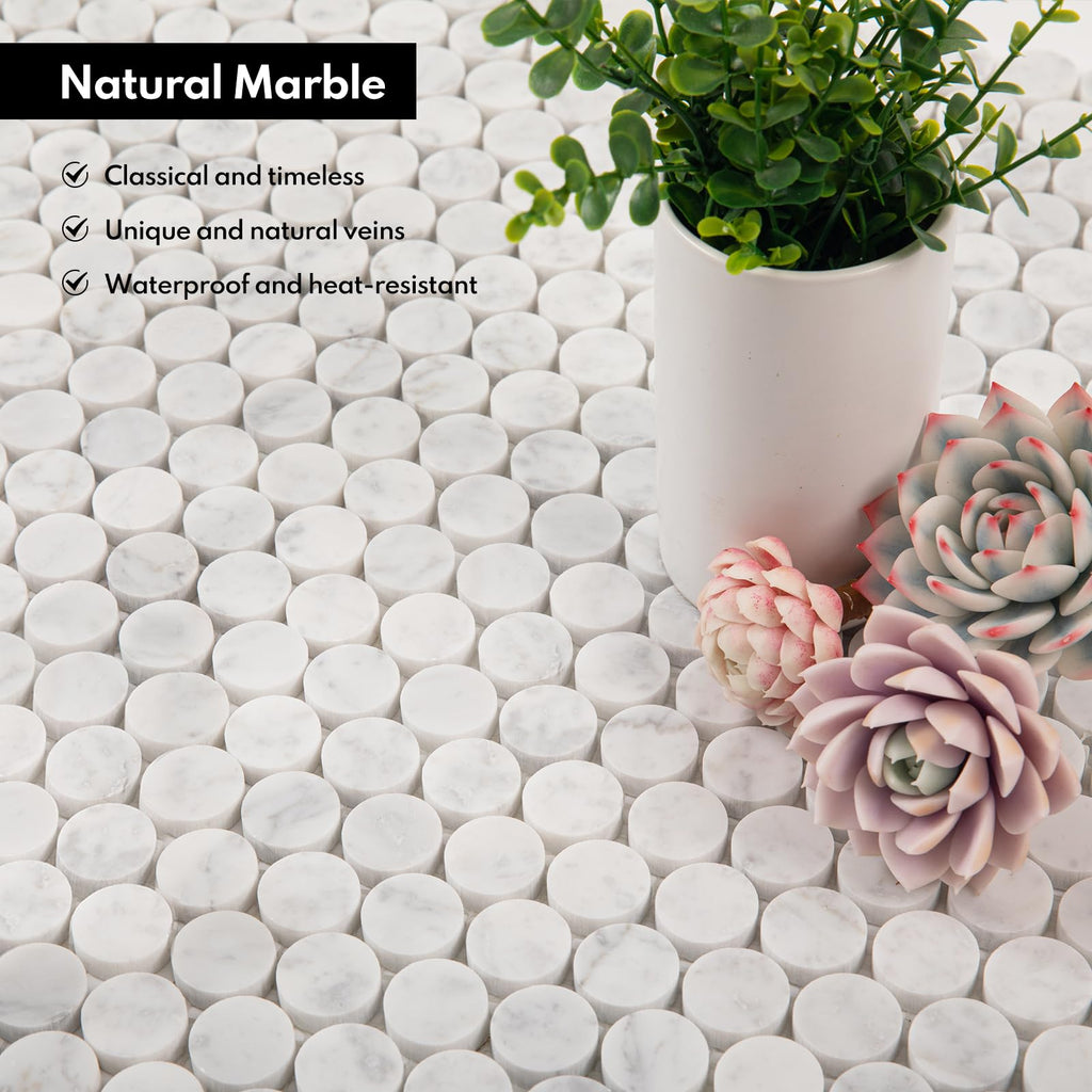 Carrara White Marble Stone 1 Inch Penny Italian Bianco Carrera Marble Mosaic Tile Wall Bathroom Shower Floor (5