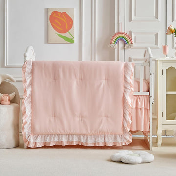 Lace Ruffle Crib Bedding Set 3 Pieces Baby Boho Lace Quilted Comforter with Fitted Sheet and Bed Skirt - Cute Ruffled