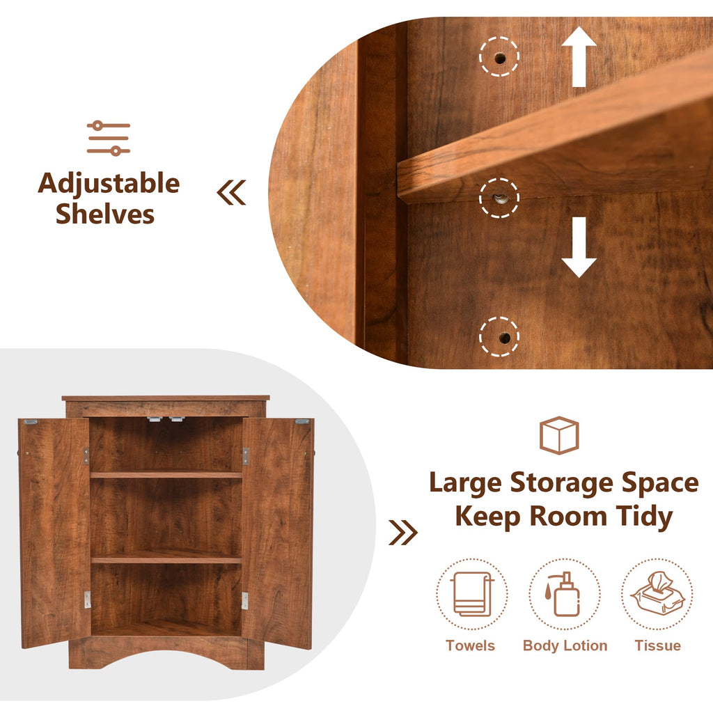 Corner Storage Cabinet with Two Doors, Adjustable Shelf, Freestanding Floor Space Saver, Brown