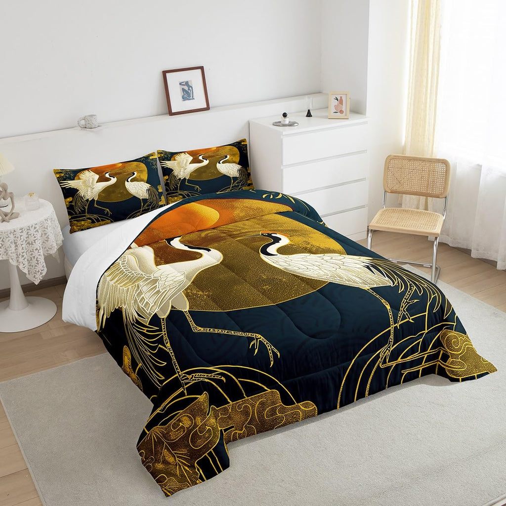 Japanese Crane Comforter Set Full Size, Gold Sun Cloud Stripes Bedding Sets 3Pcs, Retro Ukiyoe Bamboo Leaf Print Quilt