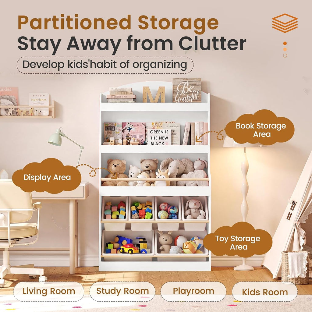 51" H Kids Toy Storage Organizer with Bookshelf and 6 Removable Toy Bins, 5-Tier Toy Organizers with Stuffed Animal