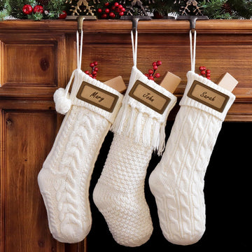 Cable Knit, 3 Pack 18 inches White Large Size Knitted Stockings, Rustic Christmas Ornaments Farmhouse Boho Style - Set of 3