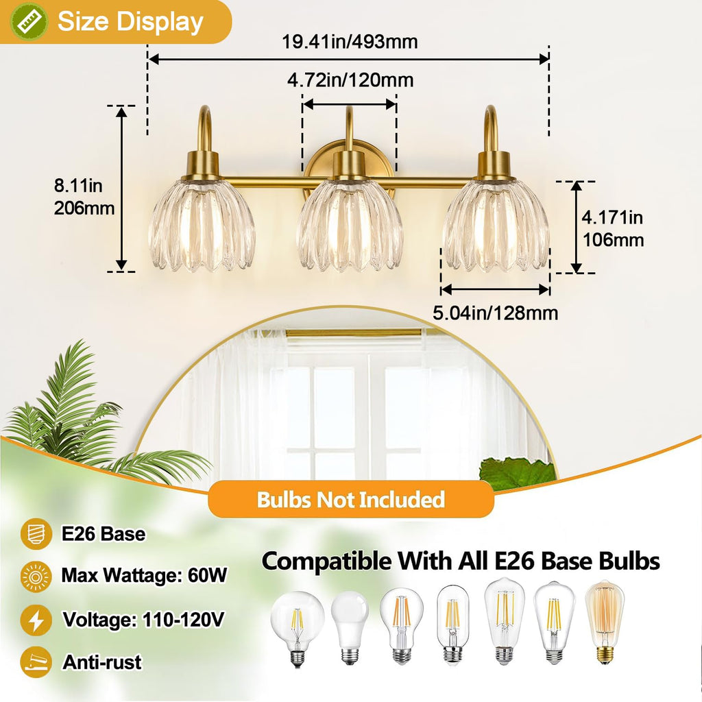 3-Light Bathroom Light Fixtures, 20" Brushed Gold Vanity Lights with Ribbed Clear Tulip Glass Shade, Vintage Wall