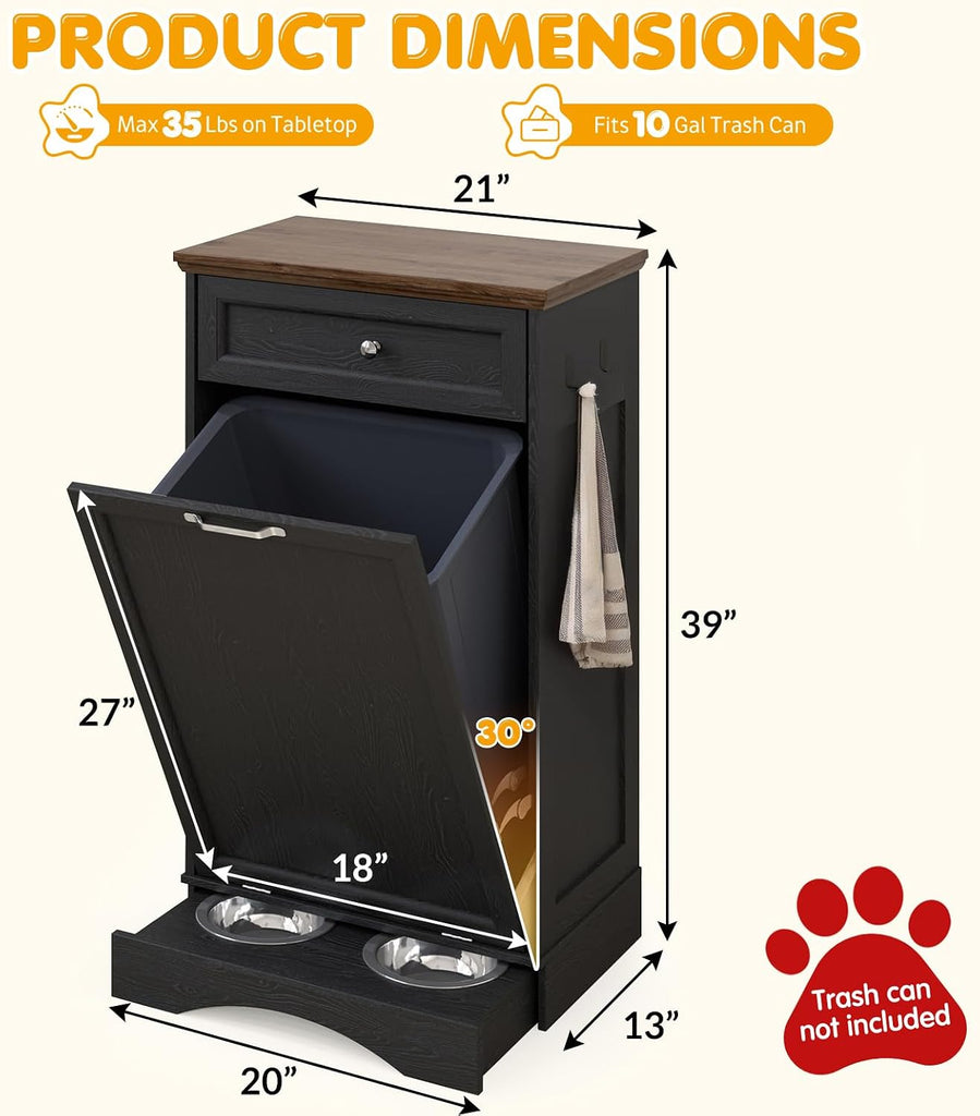 Tilt Out Trash Can Cabinet with Dog Bowl, 10 Gallons Dog Feeding Station with Storage, Dog Food Cabinet with Hideaway