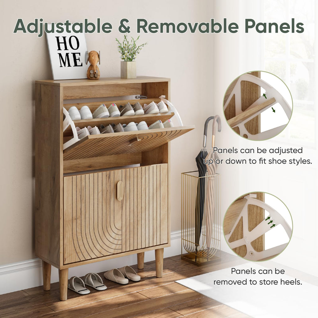 Shoe Cabinet with 2 Flip Drawers, 23.6" Oak Hidden Shoe Storage Cabinet with Line Groove Design, Freestanding Shoe