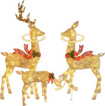 5.2FT Animatronic Christmas Reindeer Family Set - 3Pcs Large Lighted Christmas Deer with 300 LEDs & 3 Motors, Moving