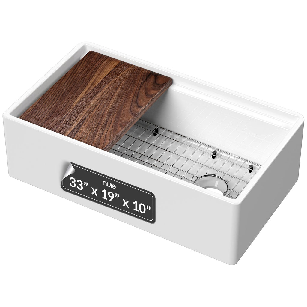 White Kitchen Sink 33 inch Single Bowl Apron Front Farmhouse Sink with Ledge, Grid and Cutting Board, Fireclay