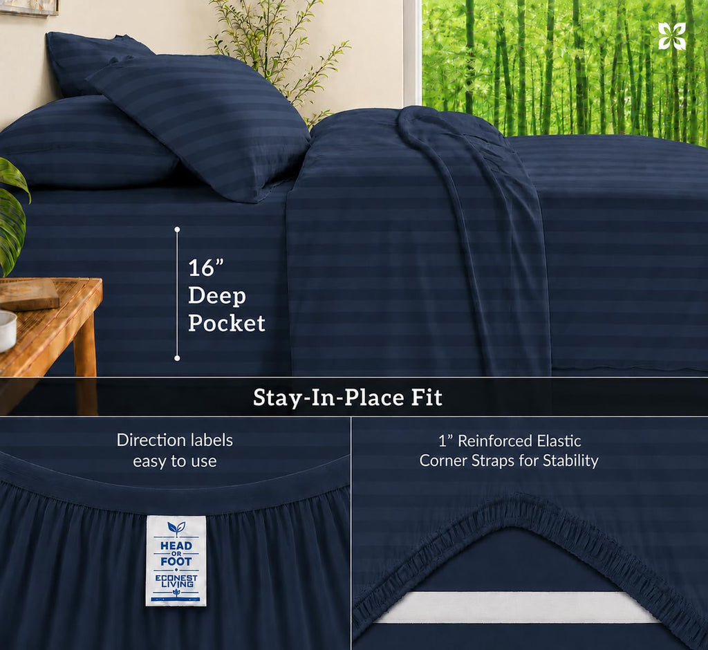 100% Egyptian Cotton, Queen Size 4 Piece Sheets, Navy Blue Damask Stripe