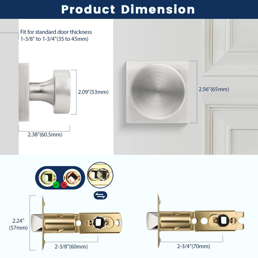 Brushed Nickel Privacy Door Knobs Interior, Zinc Alloy Keyless Stain Nickle Door Knobs with Lock , Knurled Heavy Duty