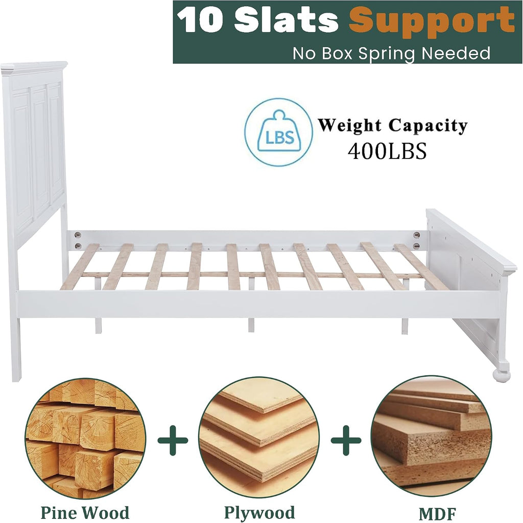 Farmhouse Queen Bed Frame with Tall Headboard and Footboard, White Wood Bed Frames Queen with Under Bed Storage