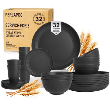 Wheat Straw Dinnerware Sets for 8, 32 PCS Unbreakable Plates and Bowls Sets, Reusable Dinnerware Set Outdoor and