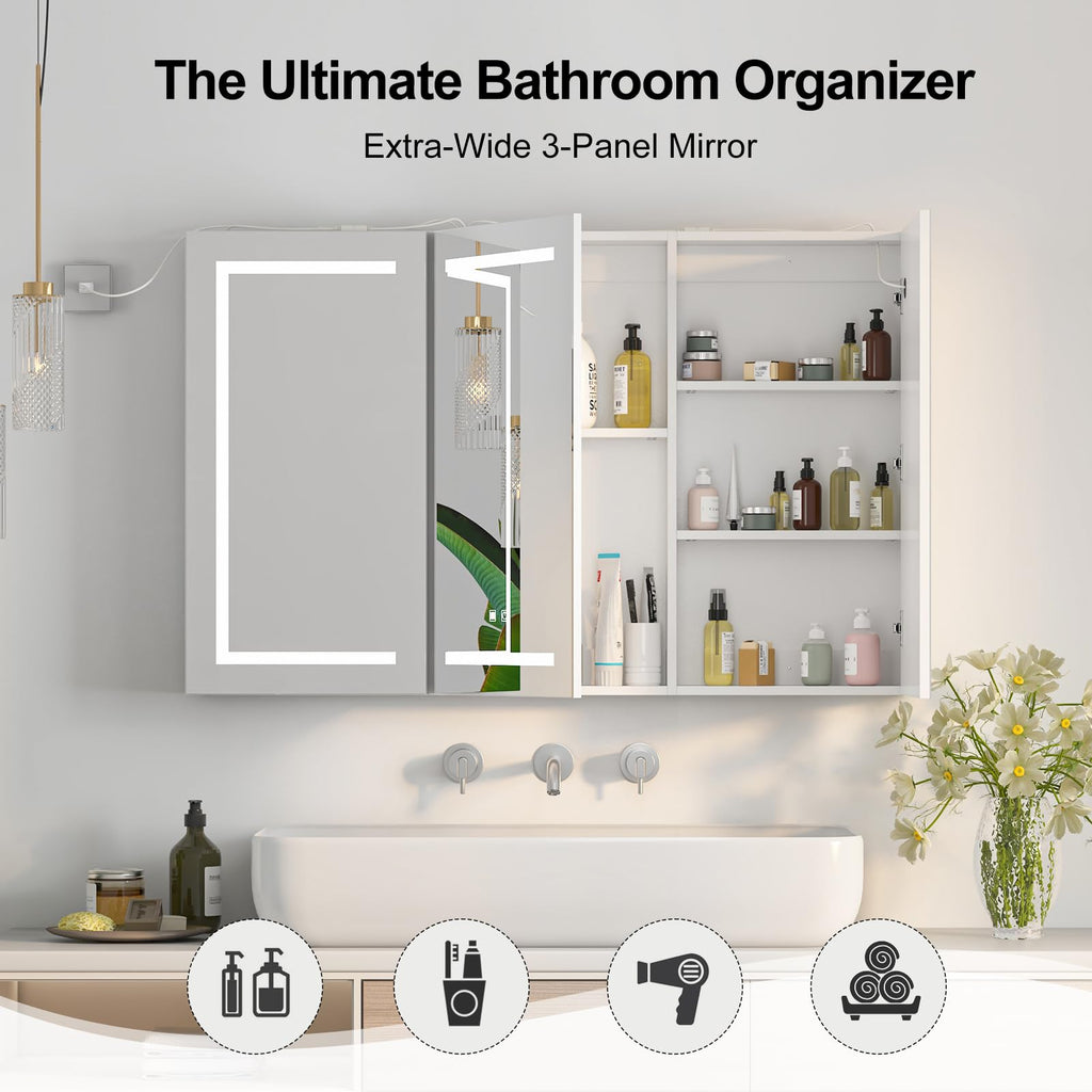 Large Medicine Cabinet, LED Lighted Medicine Cabinets with 3 Doors, Wall Mounted Bathroom Mirror with