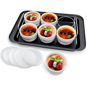 Ramekins Set with 6 Silicone Lids, Mothers Day Gifts Creme Brulee Making Set, Set of 6 Porcelain Ramekins, Oven Safe