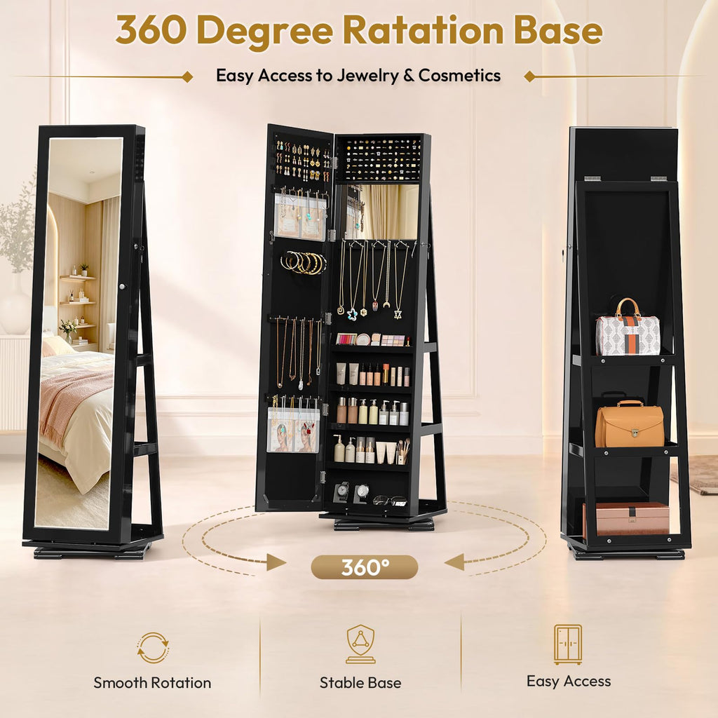 360° Rotating Jewelry Armoire with Full-Length Mirror and Interior Makeup Mirror, Lockable Standing Jewelry Cabinet