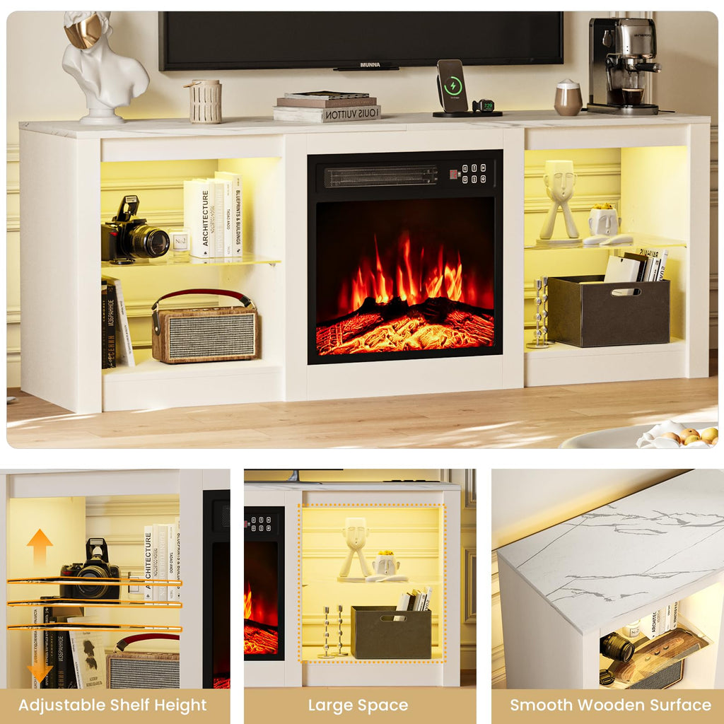 For 65" TV, TV Stand with 18" Electric Fireplace, Entertainment Center with Glass Shelves, LED Lights and Power