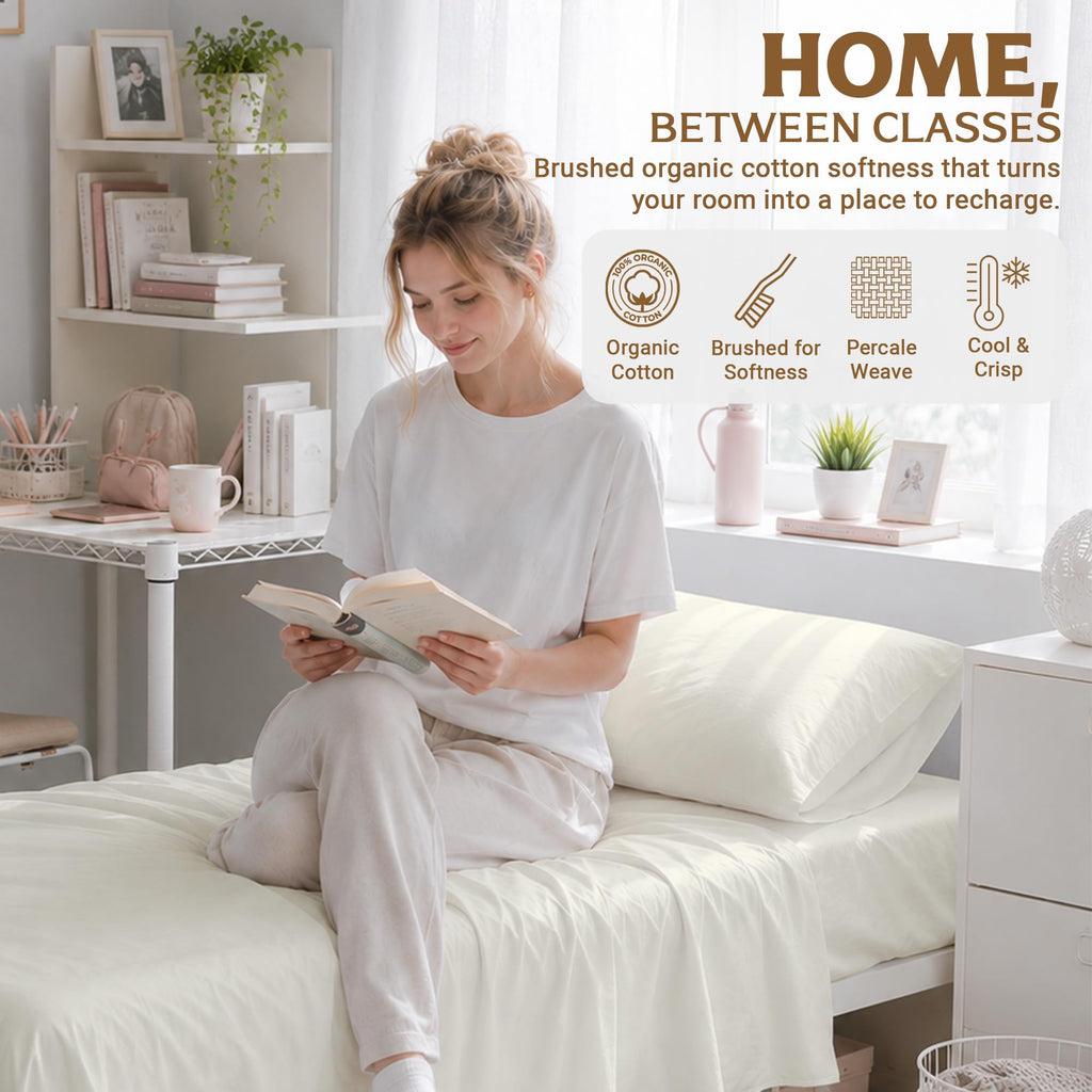 100% Organic Percale Cotton Sheets, Twin Size, Light Ivory