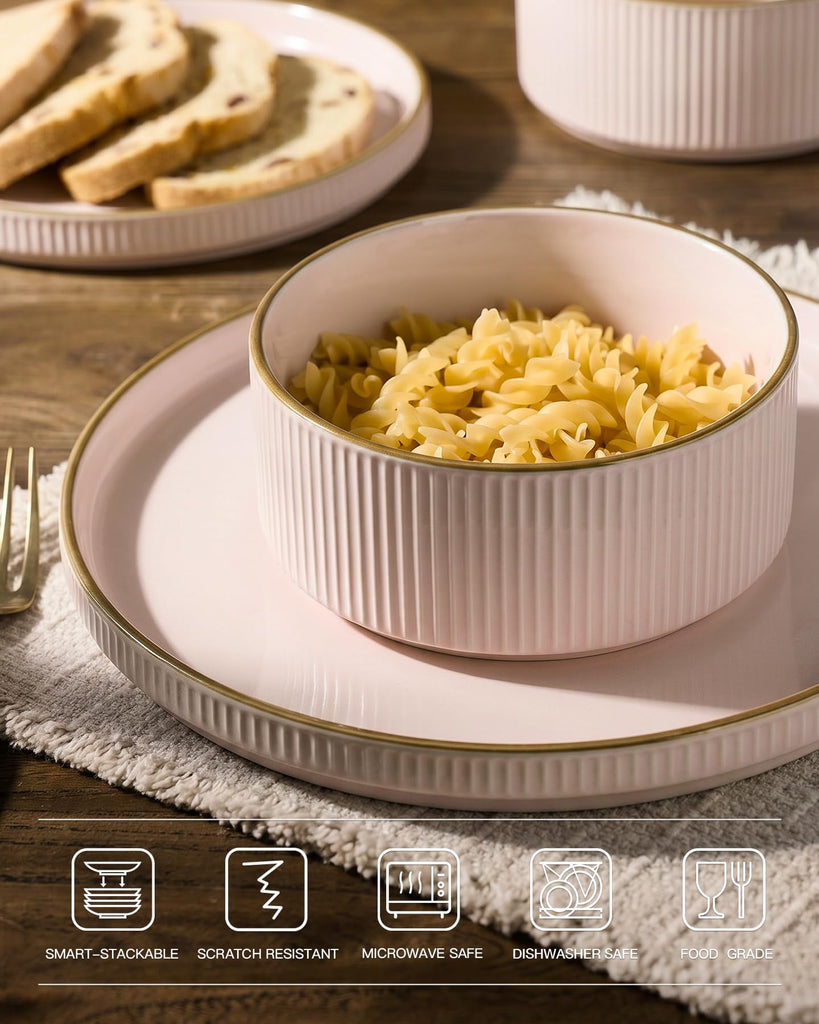 Plates and Bowls Set with Rim, Stoneware Dinnerware Sets for 4