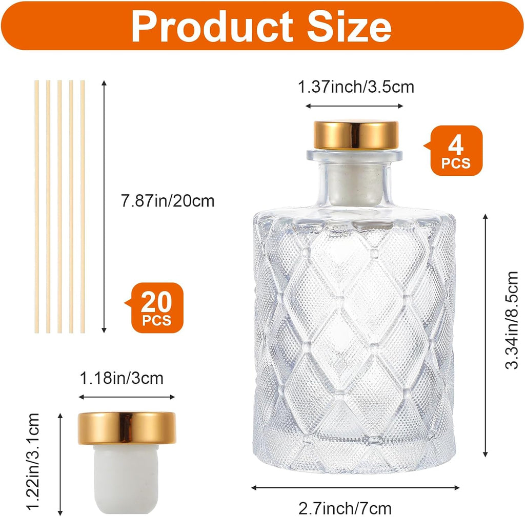 Glass Reed Diffusers Bottles, Diffuser Bottles with Reed Diffuser Sticks, Vintage Embossed Apothecary - Set of 4