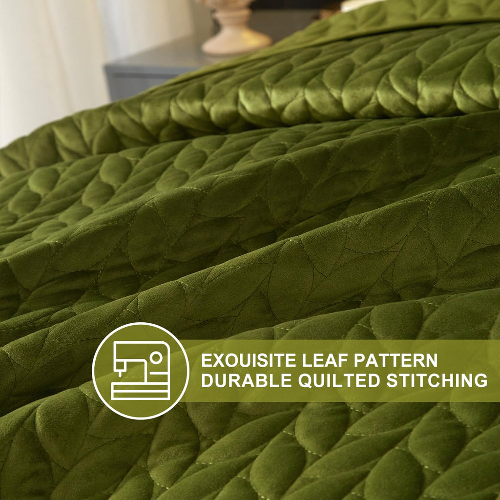 Velvet Quilt, Green Lightweight Bedspread Soft Reversible Coverlet for All Season 3Pcs Luxury Velvet