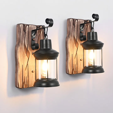 Rustic Wall Light Fixtures Vintage Wall Sconces Sets of 2 Farmhouse Antique Wooden Lamp with Clear Glass Indoor