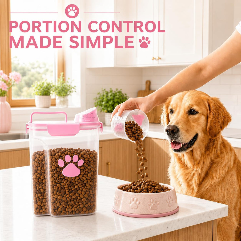 5-7Lbs Airtight Dog Cat Food Storage Container with cleaning brush, Measuring Cup, 4 Snap Seals, Portable Pet Food