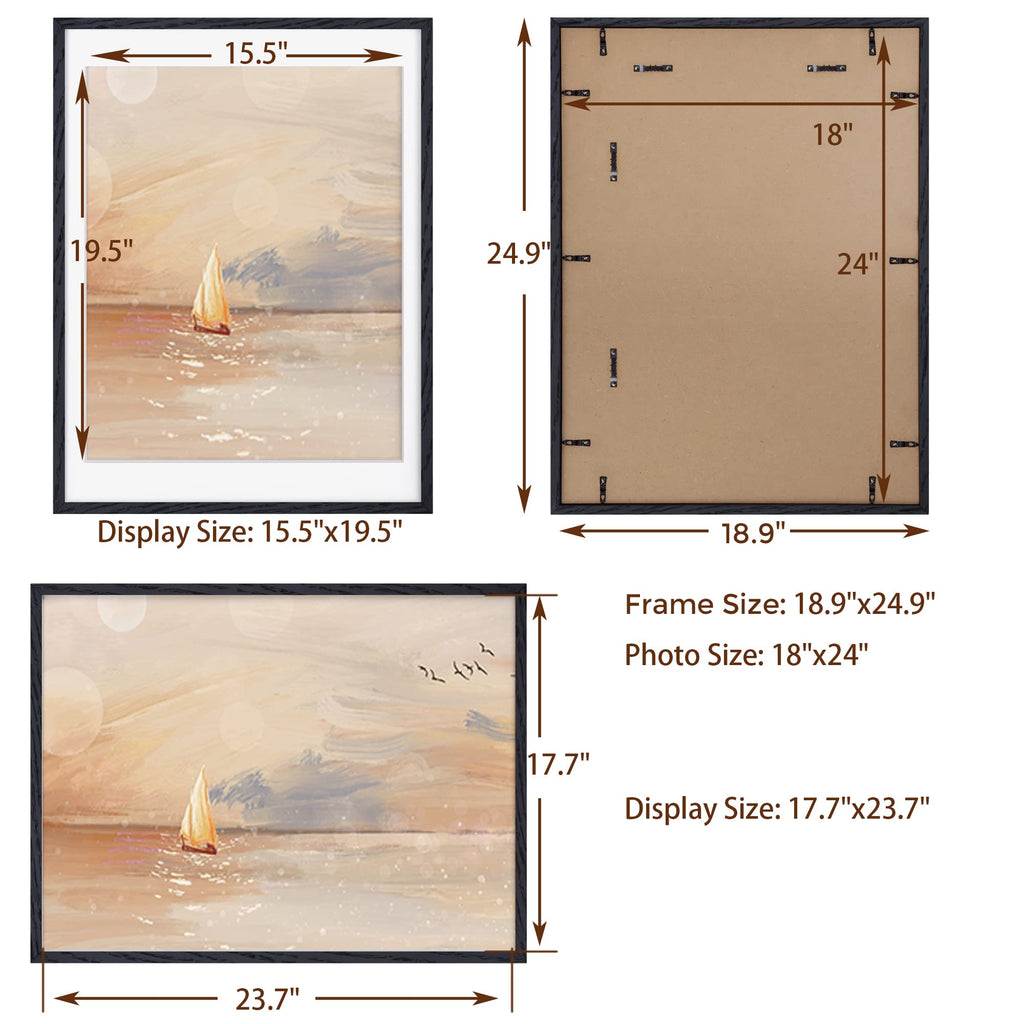 18x24 Picture Frame Black, Rustic Oak Wood 18 x 24 Poster Frames, Tempered Glass, 18x24 Frame with Mat for 16x20