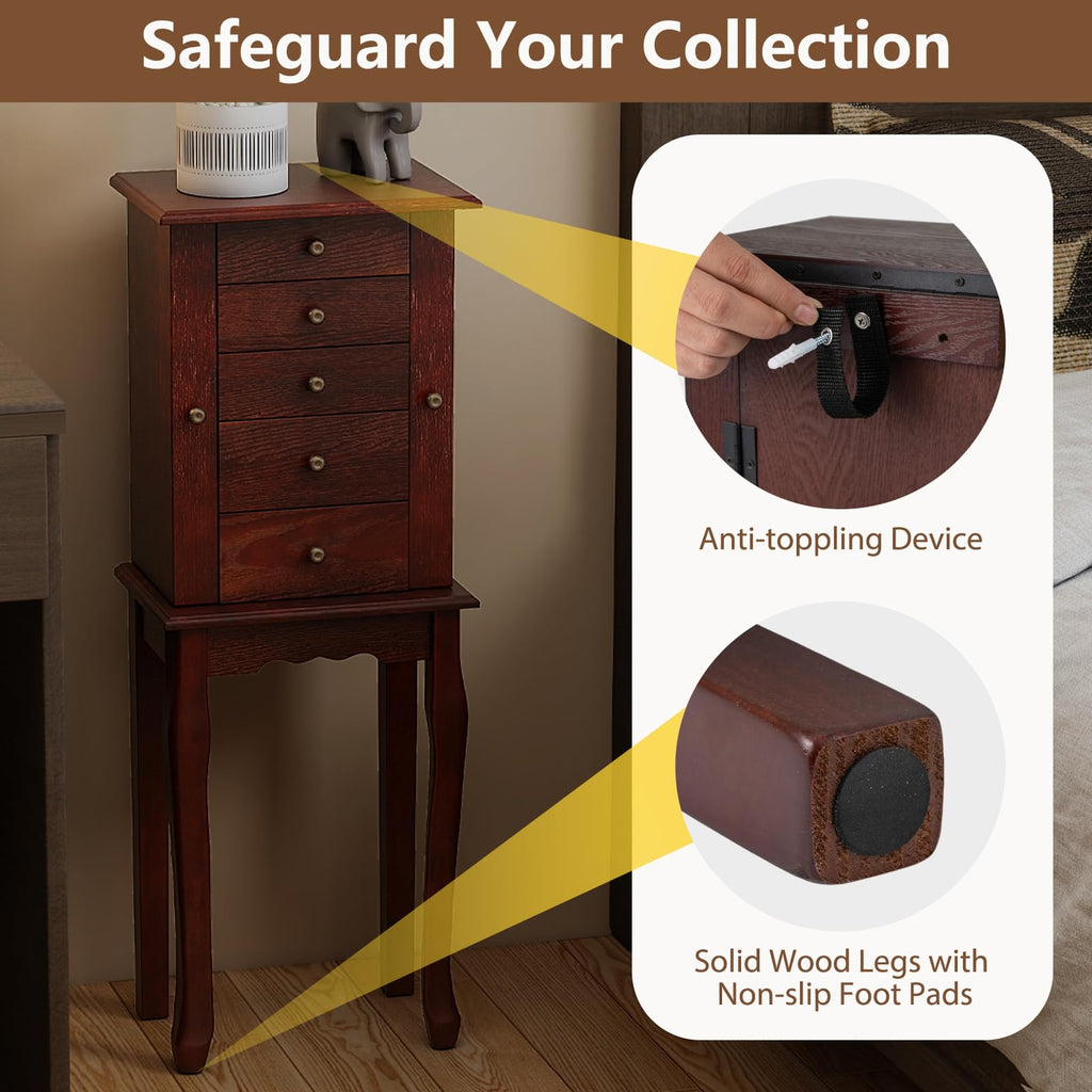 Standing Jewelry Armoire Cabinet with 4 Drawers, Flip Top Mirror, Top Storage Compartments, 2 Side Doors with 8