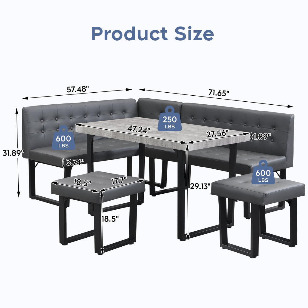 72" Corner Dining Table Set for Small Spaces, Modern Grey