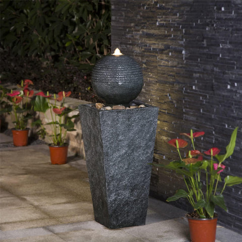 Outdoor Water Fountain with LED Light, Decorative Sphere Pedestal Outdoor Fountain with Submersible Pump