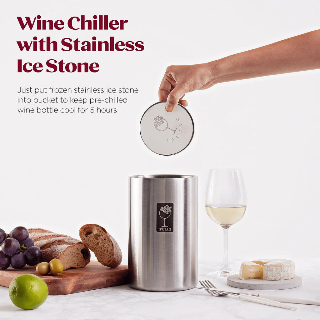 Wine Chiller Bucket with Stainless Ice Stone - Champagne Bucket for 750ml Single Bottle Cold up to 5 Hours - Iceless