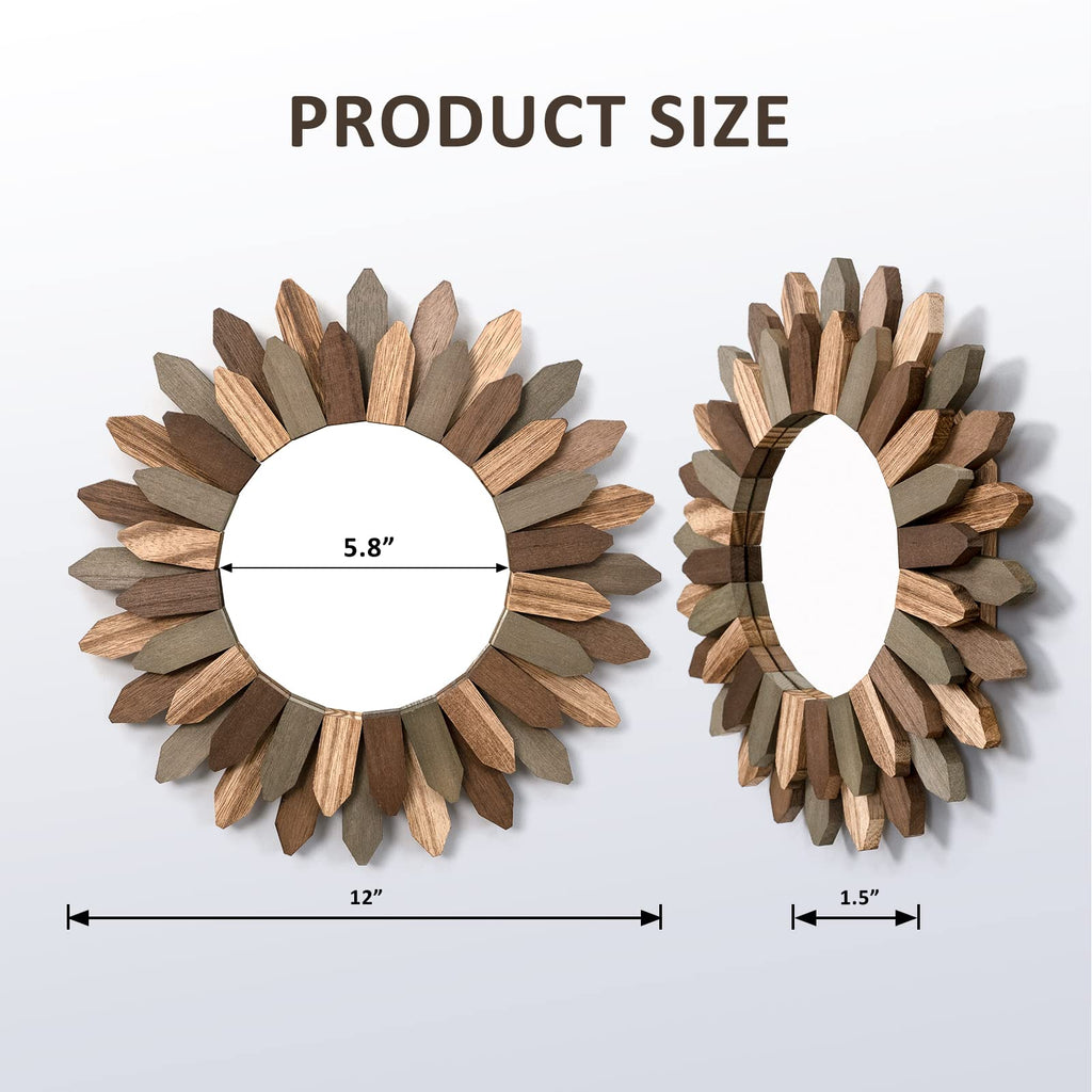 Boho Wall Decor Mirror 2 Pack 12 inch Rustic Wood Decorative Mirror for Room Decor Rustic Farmhouse Wall Decor