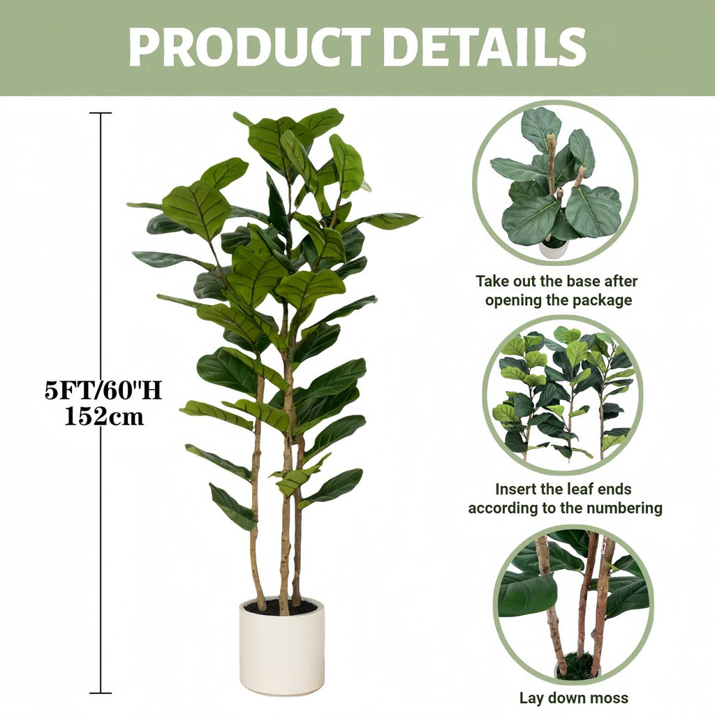 Artificial Fiddle Leaf Fig Tree 5FT with White Tall Planter-Large Faux Tree Tall Fake Floor Plant in Pot, Artificial