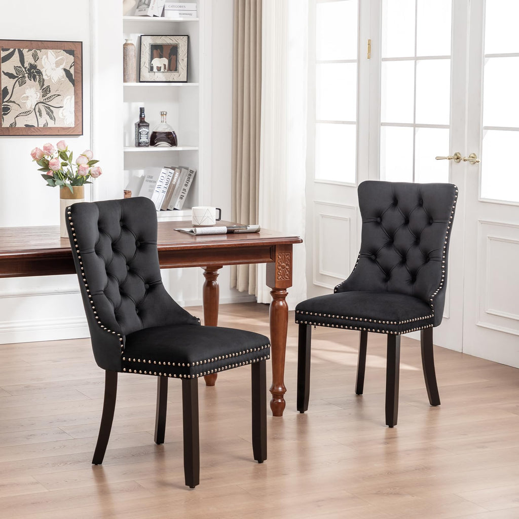 Velvet Dining Chairs Set of 2, Upholstered Dining Chairs with Ring Pull Trim and Button Back, Modern Seating (Black)