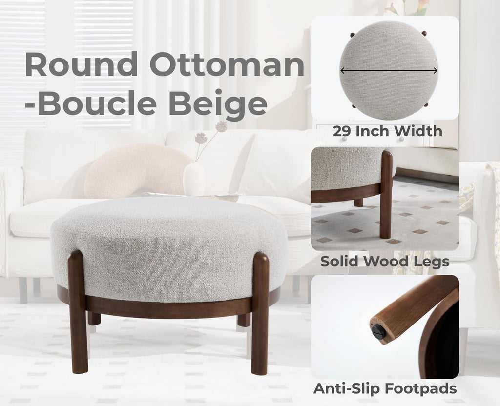 29" Round Ottoman Modern Boucle Upholstered Footstool Mid Century Large Footrest with Wooden Legs Soft Circle Ottoman