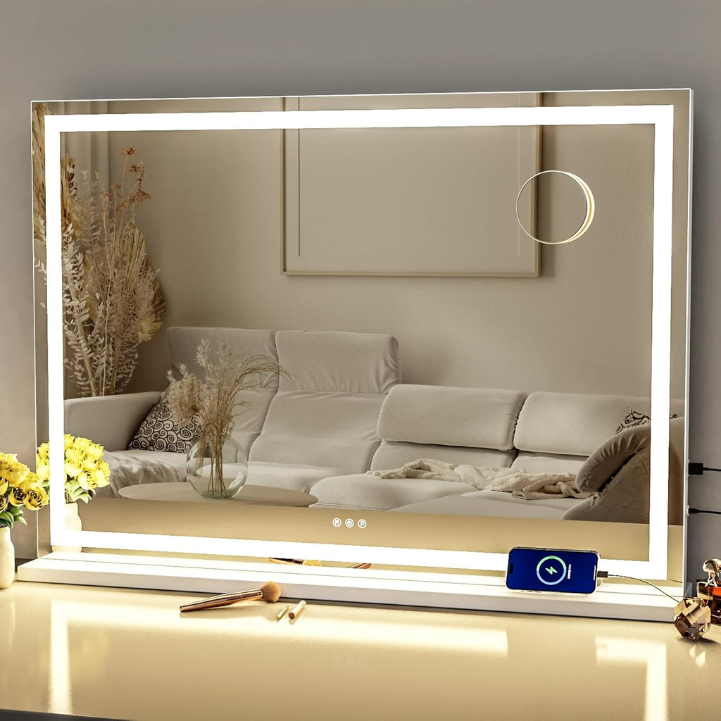 Makeup Vanity Mirror with Lights 32" x 24" Large LED Makeup Mirror, Light up Mirror with 10X Magnification and USB