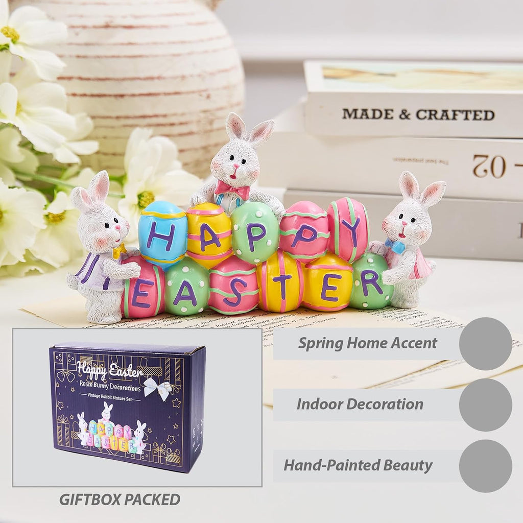 3 Bunny Holding Eggs and Happy Easter Decorations, Resin Easter Bunny Rabbits Figurine Tabletop Centerpiece