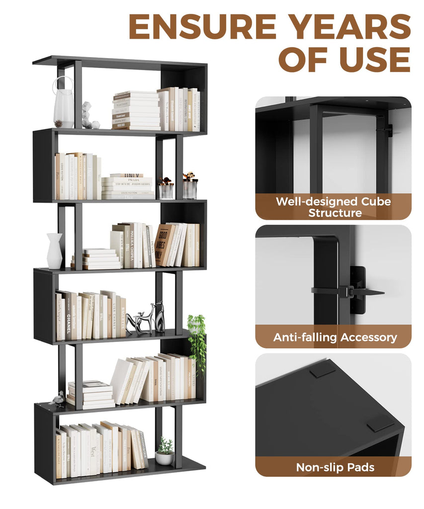 6 Tier Geometric Bookcase, Black Book Shelves, Modern Corner Bookcase Storage Shelf Wood, Black