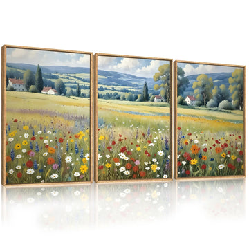 Vintage Wildflower Framed Canvas Wall Art, Boho Mountain Wall Decor, Rustic Floral Painting, Nature Field Landscape