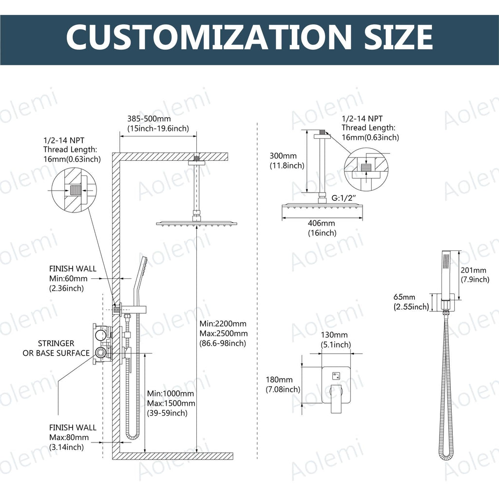 Ceiling Shower Faucet Set with Handheld 16" LED Head Brushed Gold