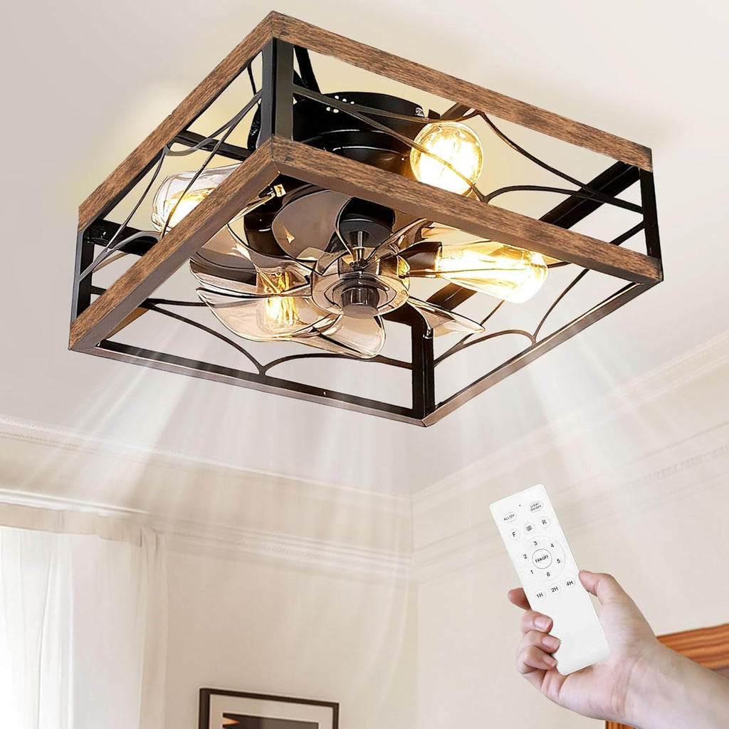 Caged Ceiling Fan with Light and Remote 16'' Rustic Square Flush Mount Ceiling Fan Small Farmhouse Bladeless Ceiling