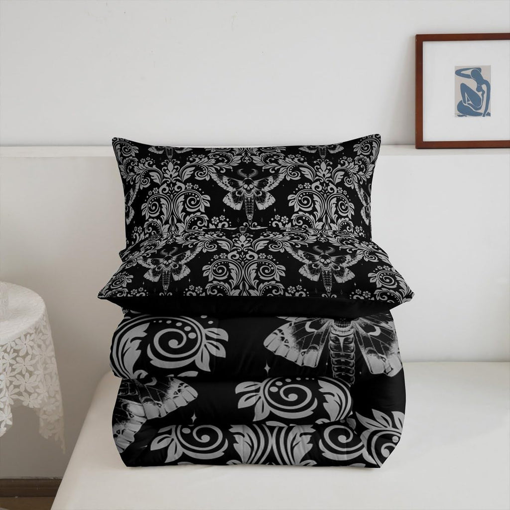 White Black Gothic Damask Floral Comforter Set King Bedding Set