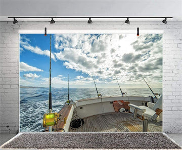 10x8ft Sea Landscape Backdrop Fishing Boat Fishing Poles Blue Sky White Cloud Photography Background Anglers Vacation